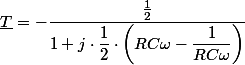 \underline{T}=-\dfrac{\frac{1}{2}}{1+j\cdot\dfrac{1}{2}\cdot\left(RC\omega-\dfrac{1}{RC\omega}\right)}